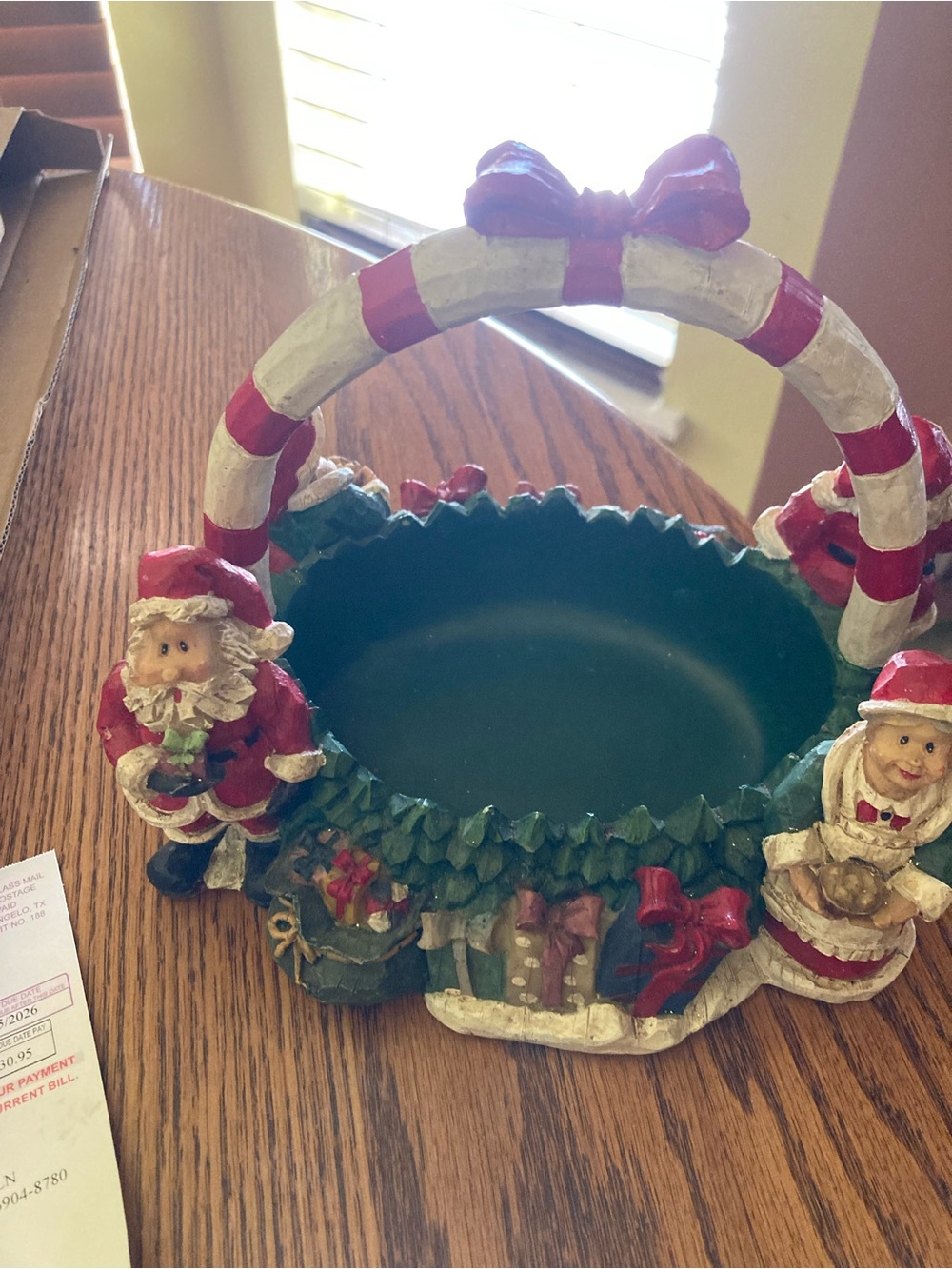 Festive Red & Green Santa Holiday Basket with Candy-Striped Handle VTG